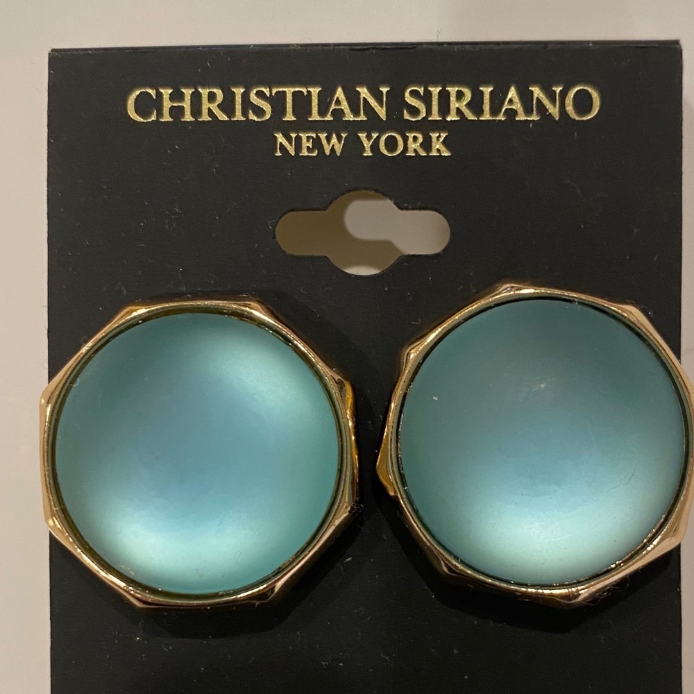Christian Siriano Clip on Earrings Teal and Gold New